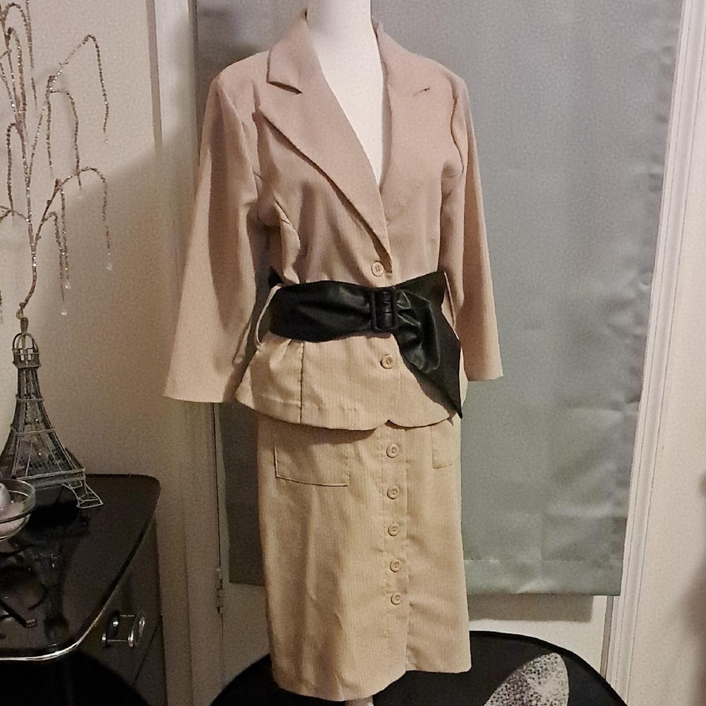 Chesley Black and Tan Pin Stripe Stretch Knee-Length Pencil Skirt Set